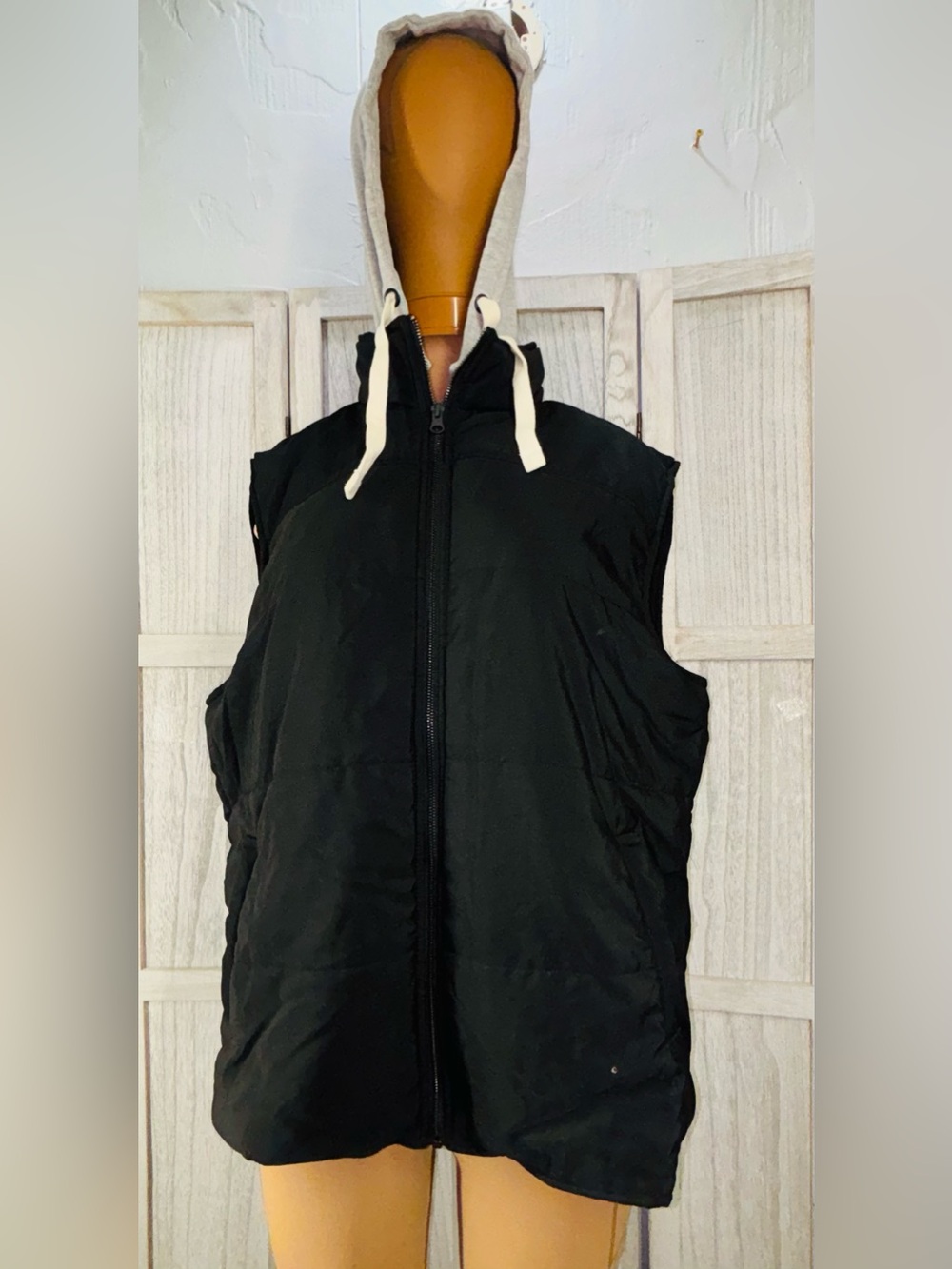George Black Hooded Puffer Vest with Cream Drawstrings